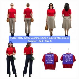 TONET Italy 100% Cashmere Short Sleeve Mock Neck Sweater - Red Size S